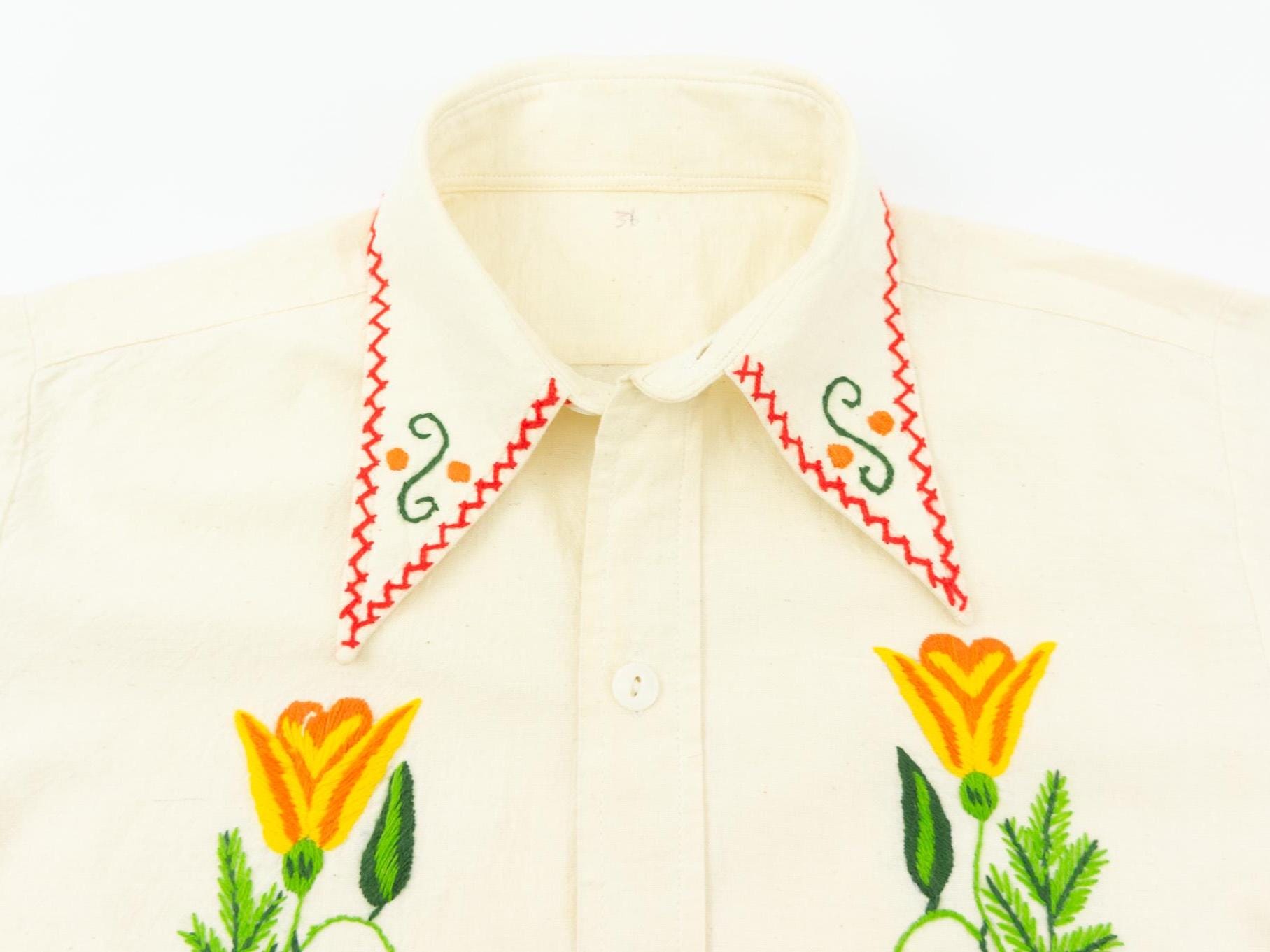 Vintage Embroidered Blouse 1970s | Cream Cotton Shirt Colorful