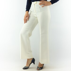 Vintage 1970s Bell Bottom Pants | White/Cream Tergal Low-Rise Trousers | Flared Retro Style | Made in France | Size S