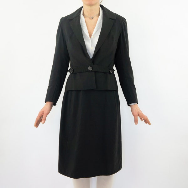 Tailleur Jupe Vintage | 1950s | Ensemble Veste/Jupe Noir avec Martingale | Ensemble 2 Pièces | Tailleur Classique | Taille S