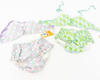 Vintage Bikini 1960s | Check Bow Bra, Full Brief Swimsuit | Mod Bathing Suit | Japan | NOS