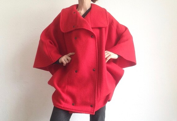 Vintage Cape Coat | 1980s | Red Oversize Jacket |… - image 3