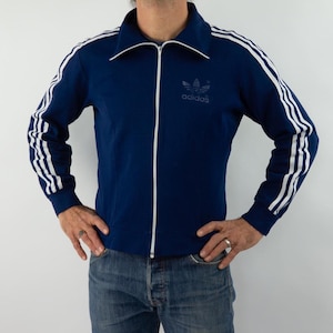 Adidas Vintage Track Jacket 1970s | Navy Blue Sports Jacket with White Stripes | Trefoil Chest Logo | SG Öpfingen Back | Size S/M