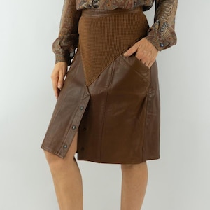 Miki Martin | Vintage Leather Skirt | 1980s | Brown Leather / Knit | High Waist | Structured Cut | Retro 80s | Made in Netherlands | Size M