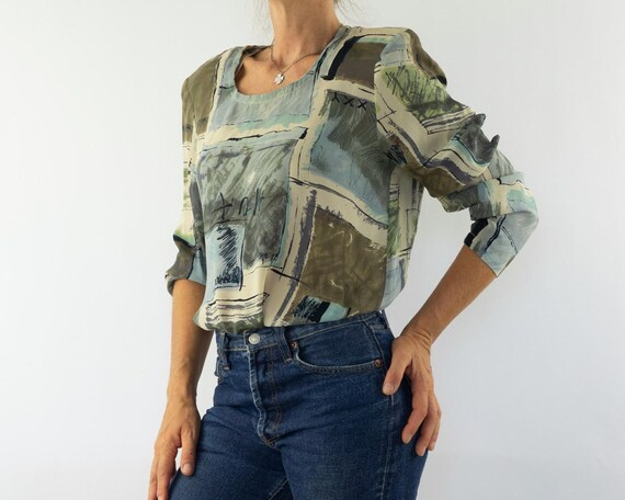 Vintage Silk Blouse 1980s | Abstract Noverty Print Shirt | Soft & Fluid | Italy | M