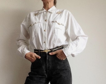 Vintage Roccobarocco Western Shirt 1980s | White Cotton Blouse, Gold Embroidery | Italy | L