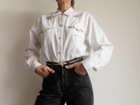Vintage Roccobarocco Western Shirt 1980s | White Cotton Blouse 
