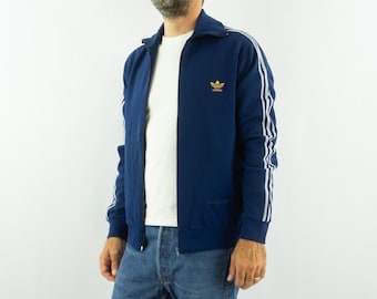 Vintage 70s Adidas Navy Track Jacket White Stripes Collectible M