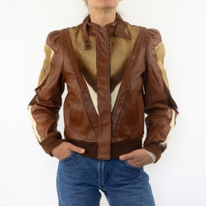 Vintage Patchwork Jacket 1980s | Natural Fur Leather Jacket | Brown Bomber | USA | S/M