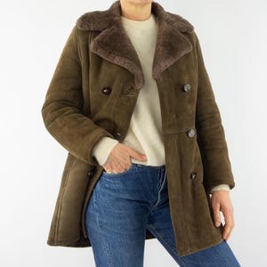 Vintage Shearling Jacket 1970s | Brown Suede Sheepskin Coat | Straight Double Breasted Fur Collar | Retro Winter Jacket | Made in France | M