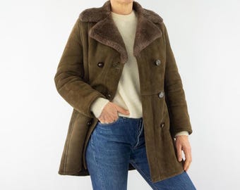 Vintage Shearling Coat 1970s | Brown Suede Sheepskin Jacket | Double Breasted Retro | France | M