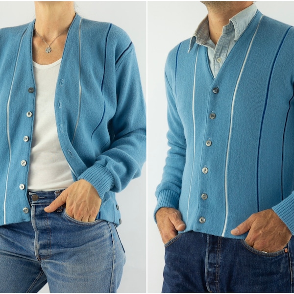 Vintage Knit Cardigan | 1960s | Striped Cardigan | V Neck | Blue/White | Knitwear | Unisex Wool Jacket | Mod | Pearl Buttons | Size S