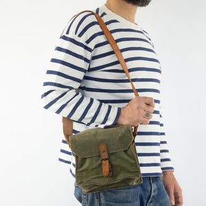 French Army | Vintage 1950s Military Shoulder Bag | Khaki Canvas and Leather Crossbody | Magazine Pouch Musette | Army Gear | Made in France