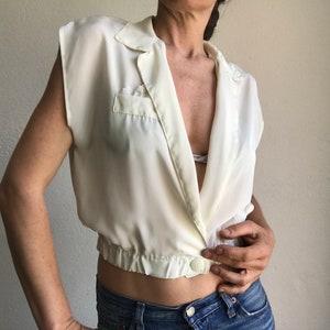 Short Vintage Top 1980s Shiny Ivory Blouse Crossed Blouse Sleeveless French Vintage Crop Top Made in France Size S image 6