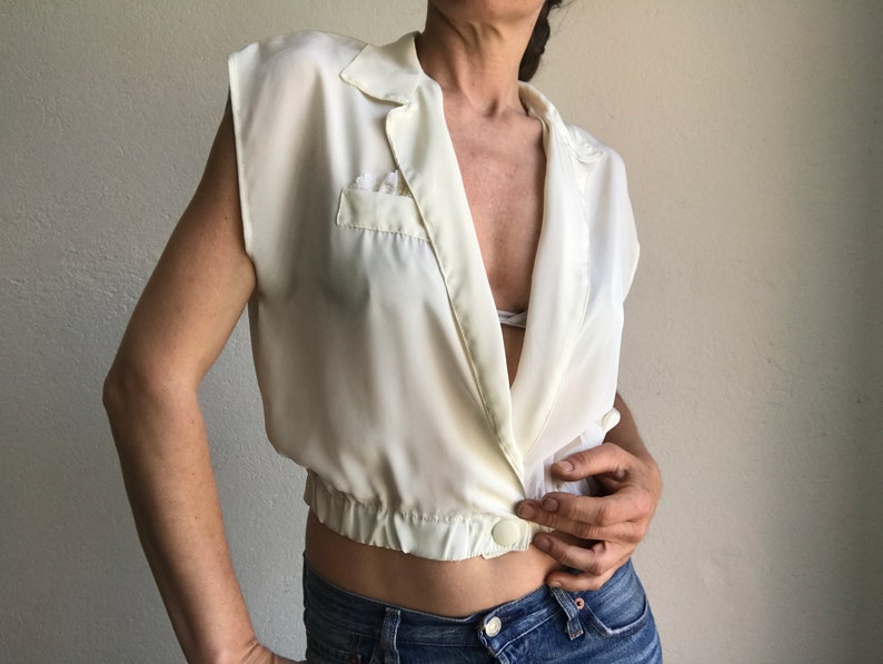 Short Vintage Top 1980s Shiny Ivory Blouse Crossed Blouse Sleeveless French Vintage Crop Top Made in France Size S image 6