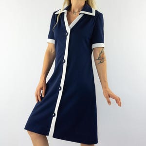 Vintage Mod A-Line Dress 1960s | Navy Blue with White Trim | Wide Collar | Twiggy Swinging London Style | Retro Chic | Made in France | M/L