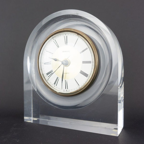 Staiger | Pendule en Lucite Vintage | 1980s | Horloge de Table | Méthacrylate et Métal Doré | Hollywood Regency | Made in Germany