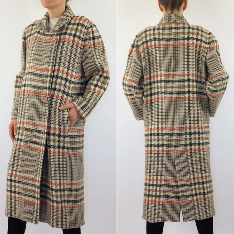 Vintage Courreges ullmaxikap från 1980-talet | Rutig Prince of Wales-kappa, dubbelknäppt | Frankrike | M bild 4