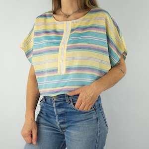 Mitrelle ICI | Vintage 1980s Blouse | Pastel Striped Top with Batwing Sleeves | Faux Button Front | 80s Fashion | Size XL