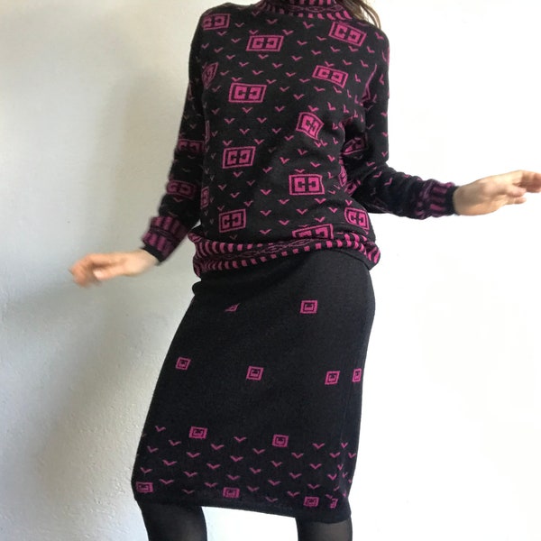 Ted Lapidus | Vintage Suit Set | 1980s | Sweater/Skirt | Black/Pink Wool Knit Set | Geometric Pattern | Winter Suit | Made in Italy | Size S