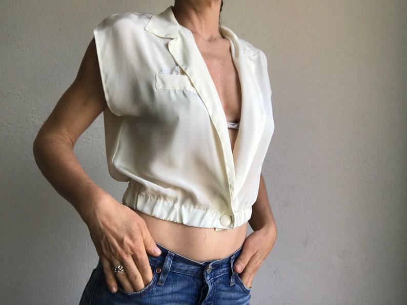 Short Vintage Top 1980s Shiny Ivory Blouse Crossed Blouse Sleeveless French Vintage Crop Top Made in France Size S image 3