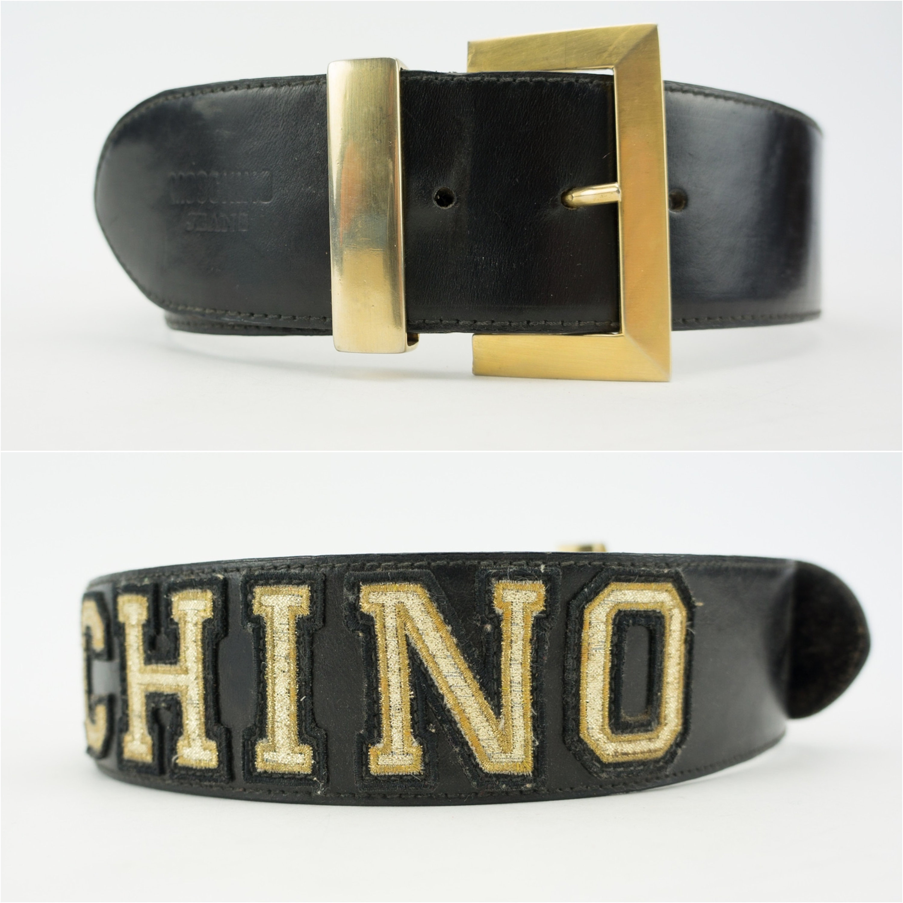 AUTHENTIC MOSCHINO Vintage90s black leather Belt Gold-Tone buckle closure size L Vintage Moschino Belt 1990s | Black Leather Gold Lettering  main image 3