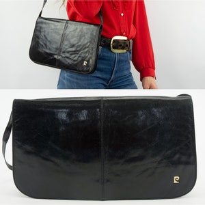 Pierre Cardin Vintage Handbag 1970s | Black Leather Shoulder Bag | Flat Rectangular Evening Purse | Classic Chic | Made in France | Size M