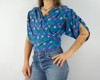 Vintage Krizia Floral Silk Blouse 1990s | Colorful Print, Wrap Collar & Puff Sleeves | Italy |  L