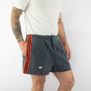 Adidas Vintage Shorts 1970s | Dark Grey with Red Stripes | Trefoil Logo | Pleated Cotton Sports Shorts | Retro Athletic Soccer Look | Size L