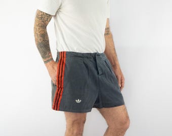Adidas Vintage Shorts 1970s | Grey Red Stripes Trefoil | Pleated Soccer | France | L
