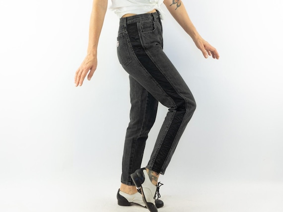 Moschino Jeans, Vintage Moschino Jeans | High Waisted Black Denim Pants, Side Stripe | Tapered Cut | S/M