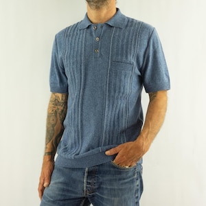 Vintage Knit Polo 1970s | Blue Marl  Textured Short Sleeve Polo | Mod Style | M