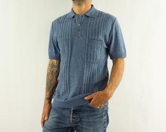 Vintage Knit Polo 1970s | Blue Marl  Textured Short Sleeve Polo | Mod Style | M