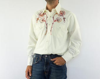 Vintage Cowboy Shirt 1970s | White Floral Embroidery | Rodeo, Western Wear | Rockabilly | M/L
