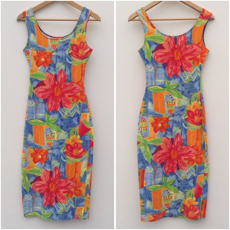 Kenzo-jungle Vintage bodycon-jurk Jaren 80 Bloemenkokerjurk Jurk van stretchkatoen Veelkleurige zomerjurk Gemaakt in Italië Maat S afbeelding 7