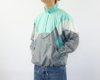 Vintage Adidas Windbreaker Jacke 1980s | Leichtes, grau-türkisfarbenes Nylon | Spanien | NOS | S/M