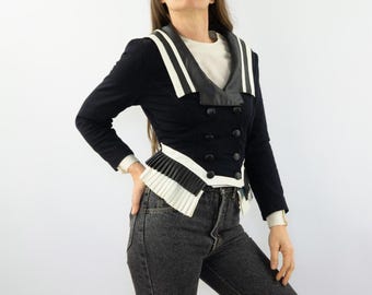 Jaqueta vintage Romeo pour Juliette com peplum | Couro sintético fino, gola grande | França | Tamanho P