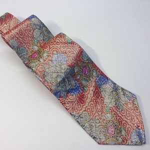 Paco Rabanne Vintage Silk Necktie 1980s | Paisley & Floral Pattern | Red Gold Blue Green | Shiny Silk Tie | NOS | Made in Italy