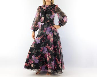 Vintage Floral Tulle Maxi Dress 1970/80s | Romantique Retro Party  | Bohemian Evening Gown | M