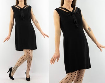 Vintage Evening Dress | 1980s | Black Shift Dress with Bow | Satin Detail | Elegant Sheath Dress | Made in France | Size M