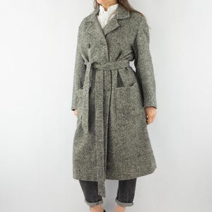 Manteau Laine Tweed Vintage | Pardessus Sel Poivre Croisé Ceinturé | Manteau Hiver Rétro | L