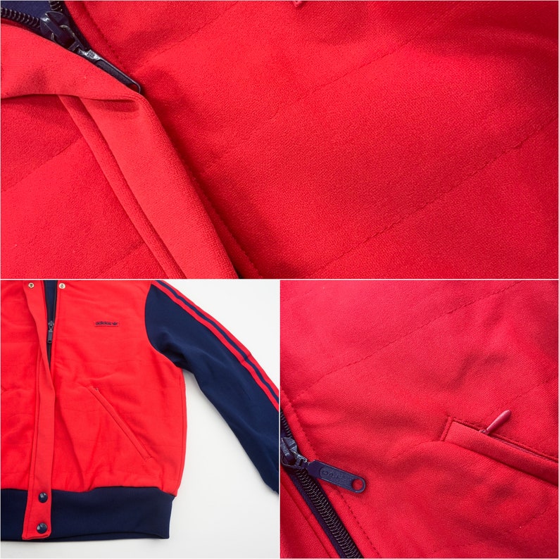 Adidas Veste de Survêtement Vintage 1980s Veste de Sport Bicolore Rouge/Bleu Marine Matelassé Made in Finlande Taille S image 10