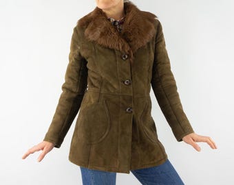 Vintage Shearling Jacket 1970s | Brown Suede Sheepskin Fur Coat |  Mid-Length Penny Lane Retro | M