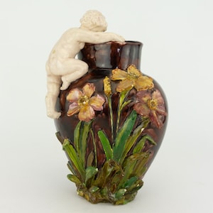 Barbotine Vase | 19th Century | Impressionist Ceramics | Large Floral and Child Décor | Romantic | Made in France