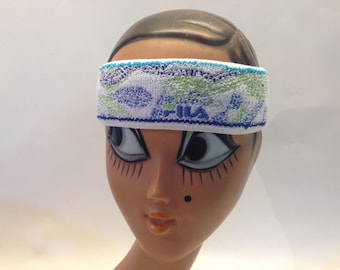 Fila Vintage Tennis Headband 1980s | White Sweatband Green Blue Abstract | Retro | NOS | Italy