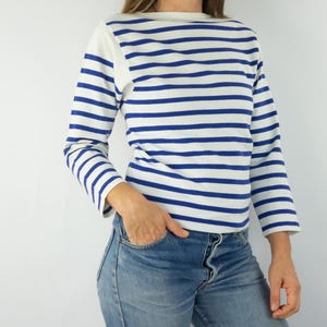 Vintage 1980s French Mariniere | Sailor Shirt in White with Blue Stripes | Boat Neck | Cotton | Side Slit Hem | Breton Shirt | Size M