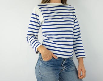 Vintage French Breton Shirt  1980s | Striped Sailor Mariniere | Boat Neck | Made in France | M