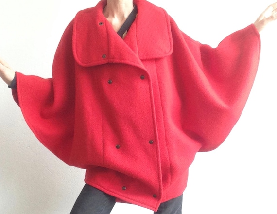 Vintage Cape Coat | 1980s | Red Oversize Jacket |… - image 2