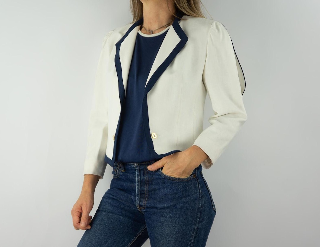 Vintage Blazer 1980s | Short White Blue Jacket | Buttonless Summer Suit ...