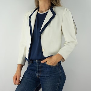 Vintage Blazer Jacket 1980s | Short White and Blue Women&#39;s Jacket | Buttonless Summer Suit Jacket | Made in France | Size S