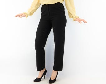 Vintage Wool Pants 1980s | Black, Pleated High Waist Trousers | Tapered Cut | France | S
